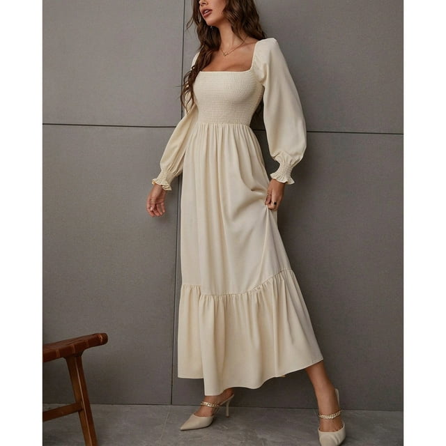 Vestido Largo Con Cuello Cuadrado, Vestido Largo Con Cintura Alta Para Mujer Dobladillo Con Volantes De Color Puro Para La Fecha ANGGREK Otros