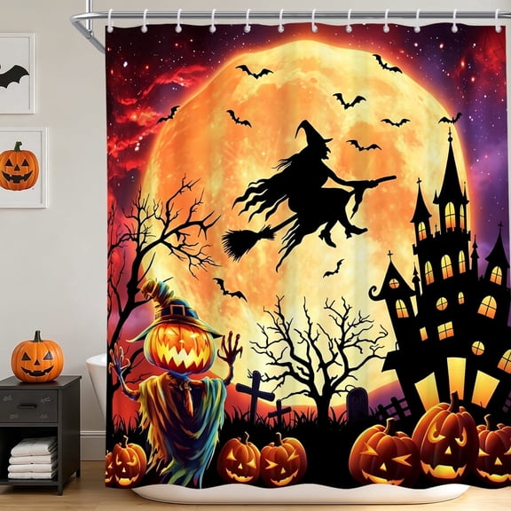 Halloween Shower Curtain for Bathroom Orange Full Moon Witch Pumpkin Scarecrow Haunted Castle Bath Curtain with Hooks 72 x 72 Inches