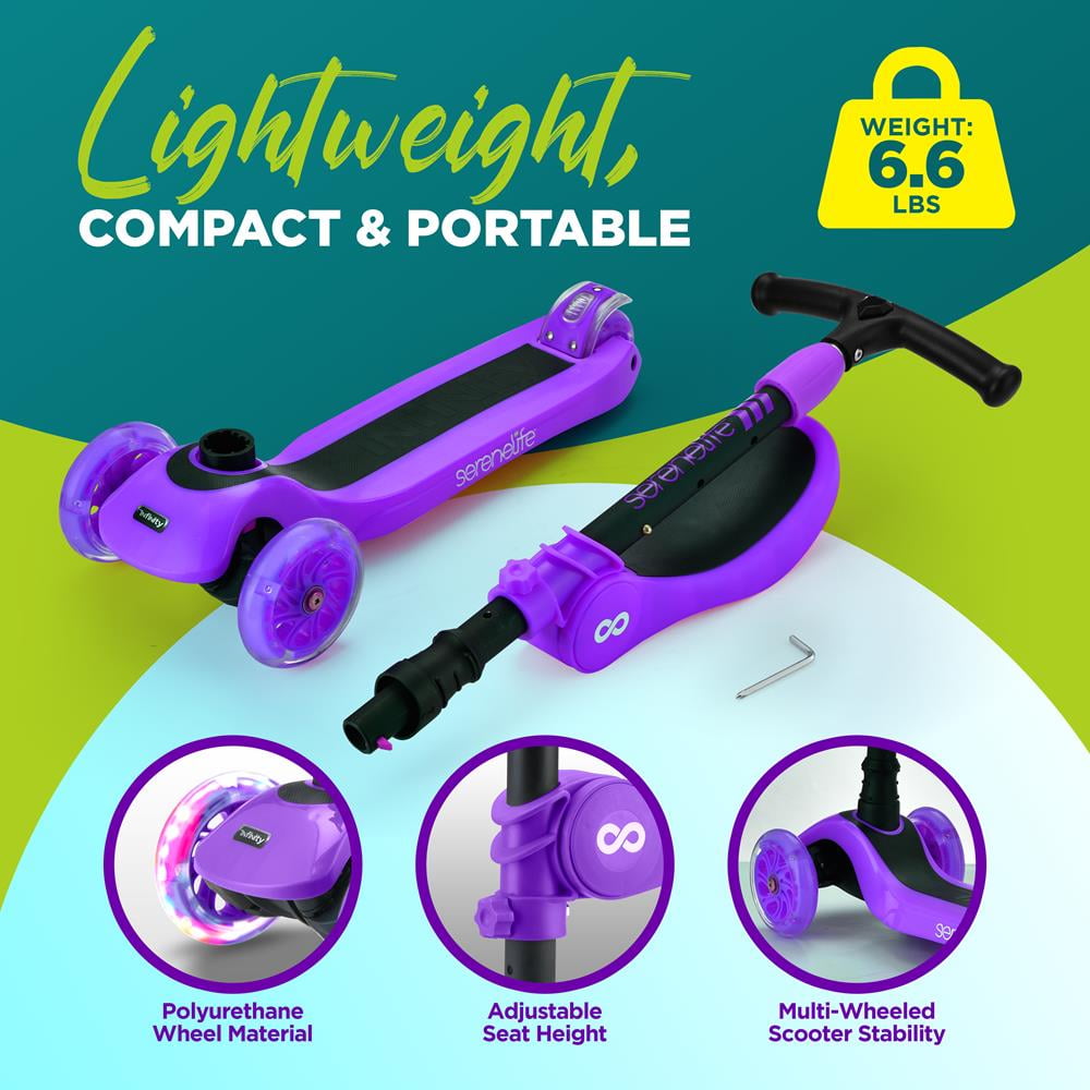SereneLife 3 Wheeled Adjustable Purple Scooter for Kids - 2-in-1 Sit/Stand Toy Scooters w/ Seat