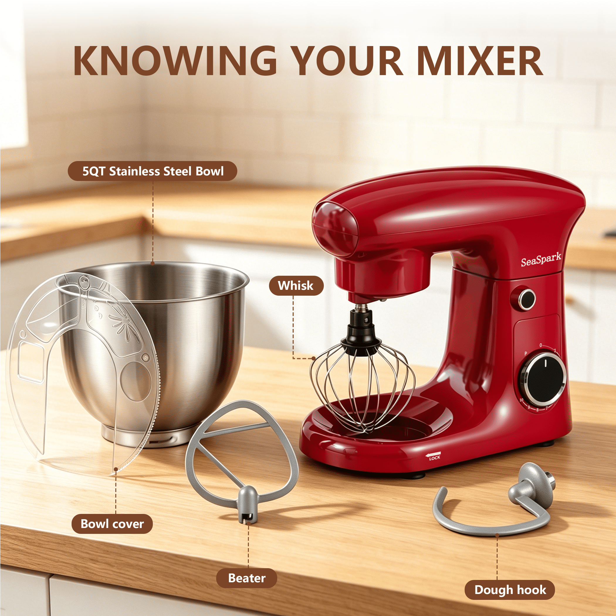 SeaSpark 3-in-1 Stand Mixer, 5.5 QT Tilt-Head 10-Speed Electric Stand Mixer, Food Mixer with Dough Hook, Beater, Whisk, Red