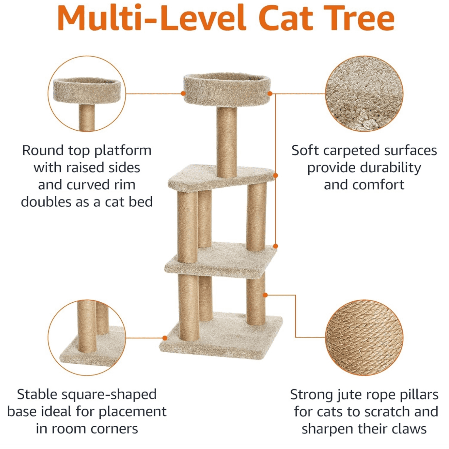 Multi-Level Climbing Activity Center for Indoor Cats & Kittens with Scratching Posts, Platform, Jute Rope, Large (45.9"H), Beige
