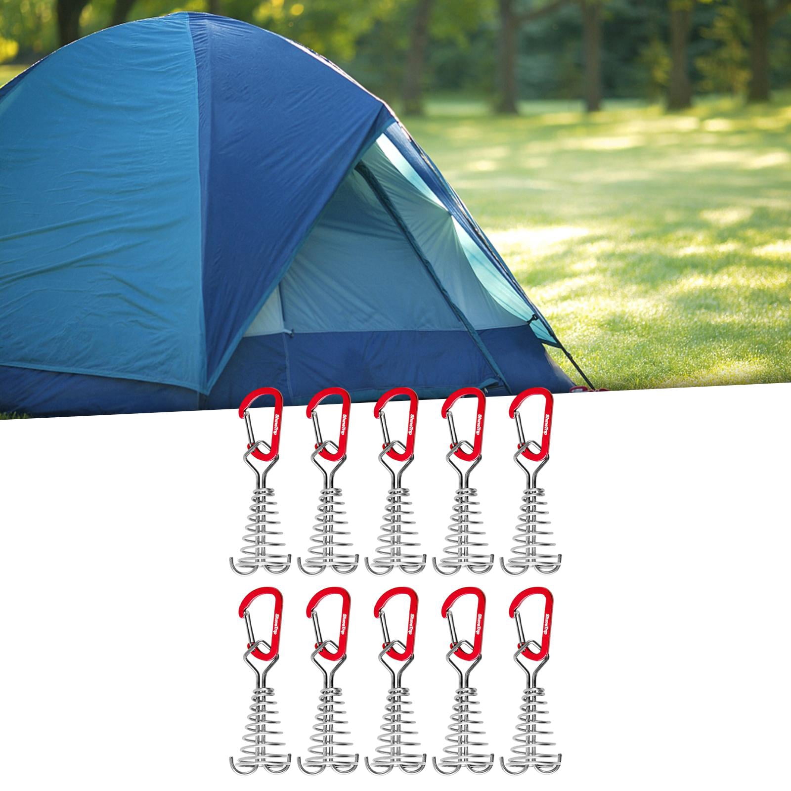figatia 10 Pieces Deck Anchor Pegs with Carabiner Clips Camping Tent Nail Board Pegs Windproof Tent Rope Tightener for Outdoor Hiking Red