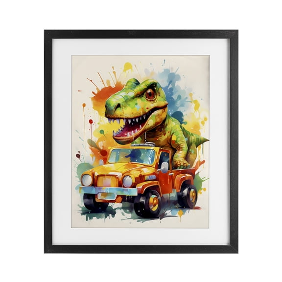 Stupell Industries Contemporary Riding In Back Dino Car Black Framed Print Under Glass, 13 x 16, by Creative Studio