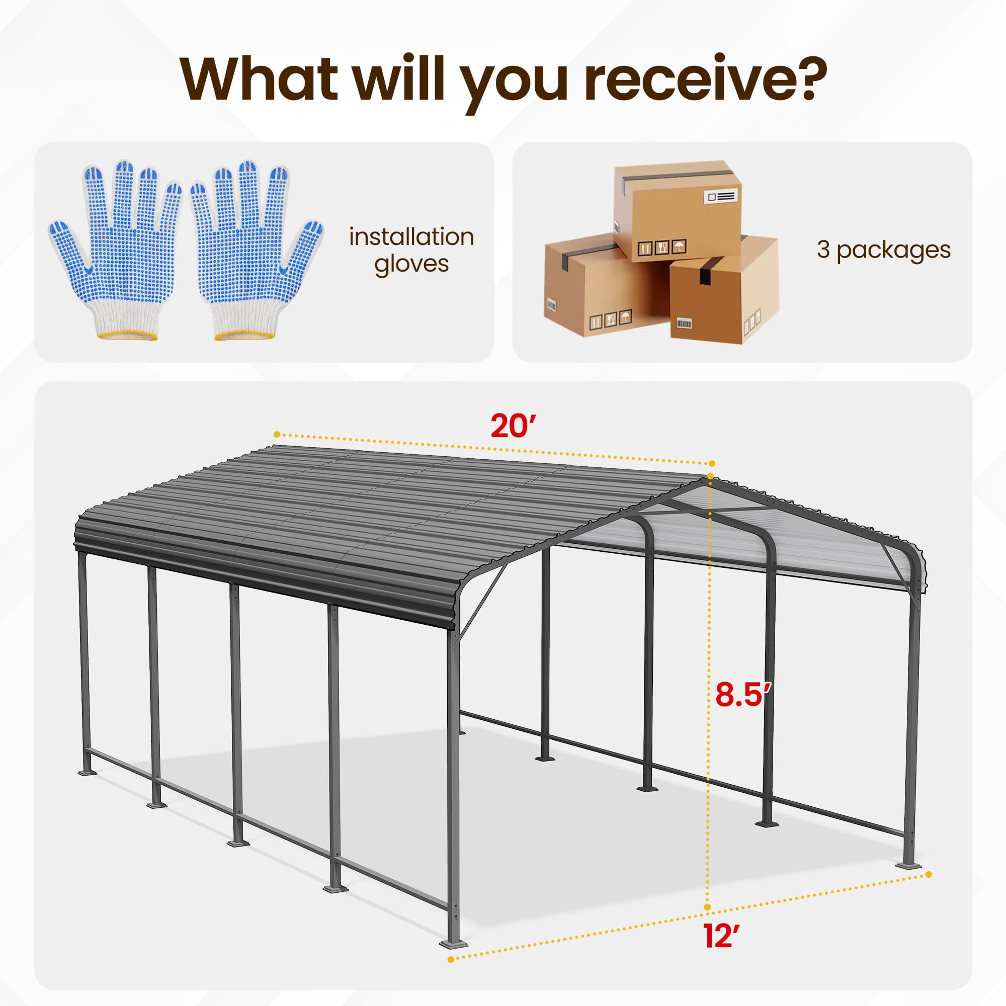 Heynemo 12x20 FT Heavy Duty Metal Carport with Updated Roof & Enhanced Base, Multi-Use Carport Garage for Car, Truck, Boat, Tractors, Party, Grey