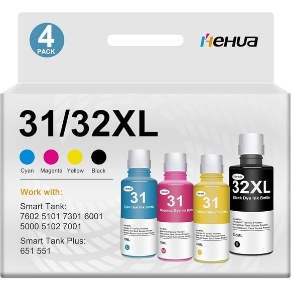 TRAHOO-hehua 31 32XL Ink Bottle Replacement for HP 31 Ink Bottle Set 32XL Black Ink Bottle Compatible for HP Smart Tank 7602 5101 7301 6001 5000 5102 7001 Plus 651 551 Printers Ink Refill (4-Pack)