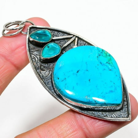 Tibetan Turquoise, Tourmaline Gemstone 925 Sterling Silver Jewelry Pendant 3.15"