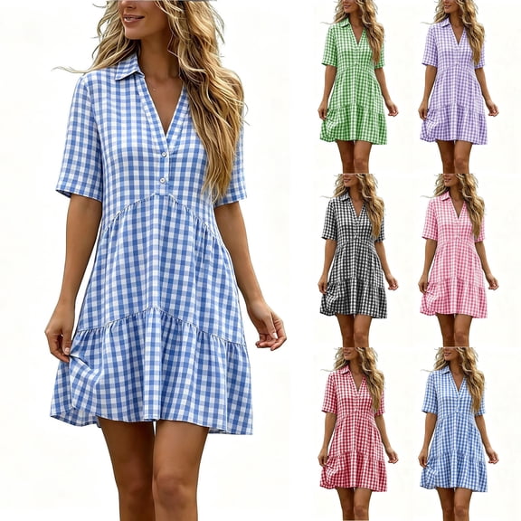 Lcziwo Women's Cotton Linen Sundresses Button Up V Neck Collared Gingham Dress Short Sleeve Tiered Ruffle Hem Mini Dresses Pink,L