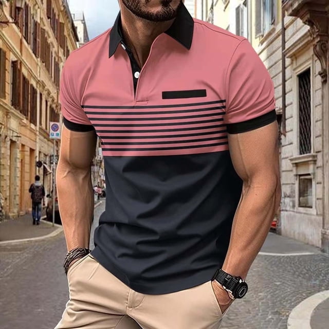 Pink Shirts For Men Graphic Tees, Polyester T Shirt Men, Golf Shirts For Men, Men'S Fashion Spring And Summer Casual Short Sleeved Buttons Lapel Solid Color Short Sleeved T Shirt Tops