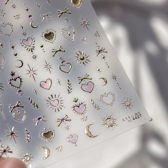CnSybaris Stickers para uñas 5D rosa y dorado con corazones y estrellas