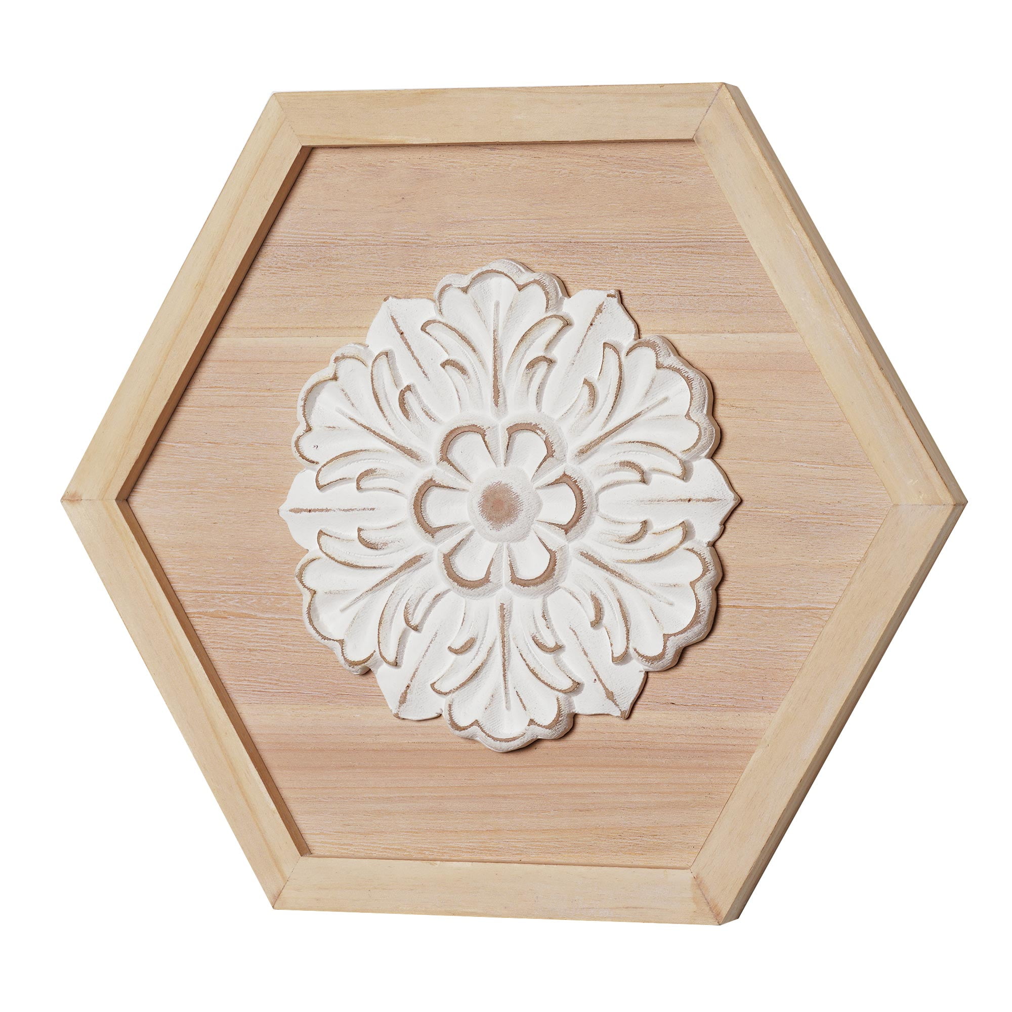 Crystal Art Gallery - White Medallion Framed Hexagon Wooden Wall Art Farmhouse Style - 13.75' x 13.75'