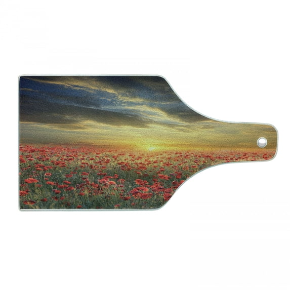 Flower Cutting Board, Poppy Field Sunset Sky Evening View Golden Yellow Sun Rays Dark Clouds Graphic Art, Tempered Glass Cutting and Serving Board, Wine Bottle Shape, Multicolor, by Ambesonne