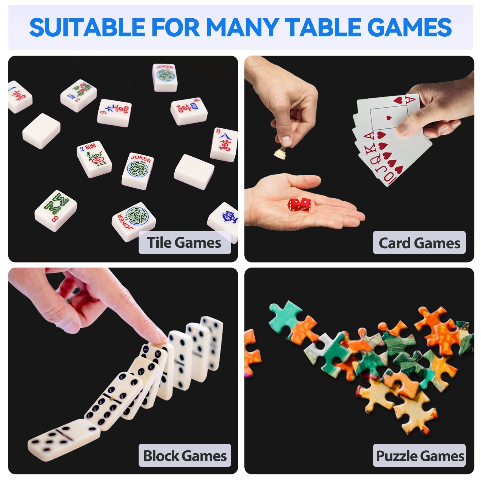 Noise Reducing Anti-Slip Table Cover Pad | Portable Game Mat for Mahjong, Poker, Cards, Dominoes with Carry Bag (Black)