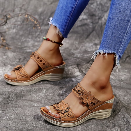 

Women Slope Platform Slippers Vintage Casual Sandals Flower Decor Slide Shoes