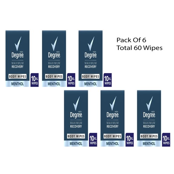 Degree Men Maximum Recovery Body Wipes Menthol, 1 box, 10 Count (Pack Of 6)
