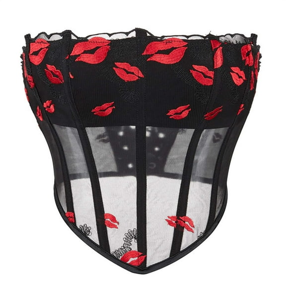 Women's Sexy Strapless Bustier Corset Red Lip Printed See Through Mesh Open Back Boned Crop Tops