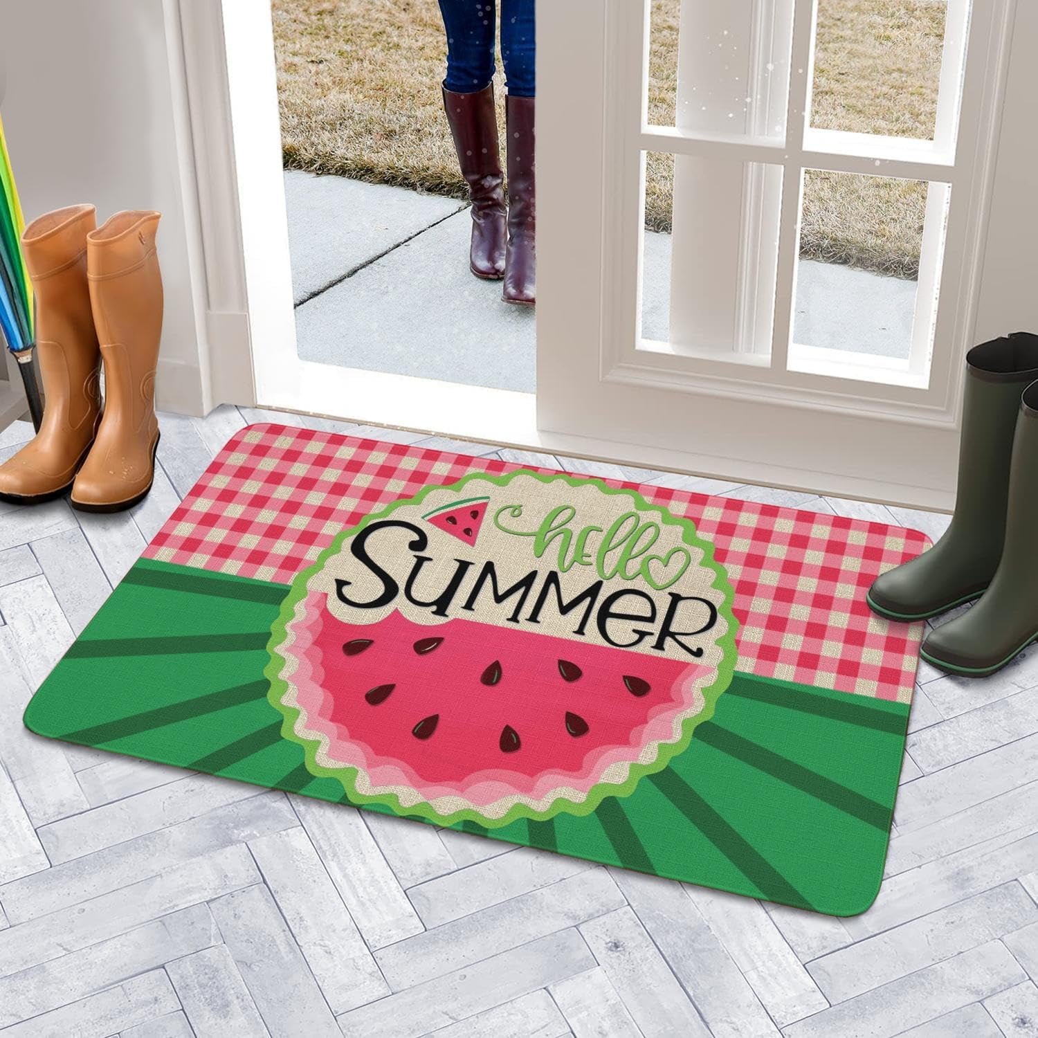 Hello Sunshine Door Mat 30 X 17 Inch Funny Summer Watermelon Door Mat Indoor Outdoor Entrance Floor Mat Non Slip Summer Decor Rubber Welcome Mats
