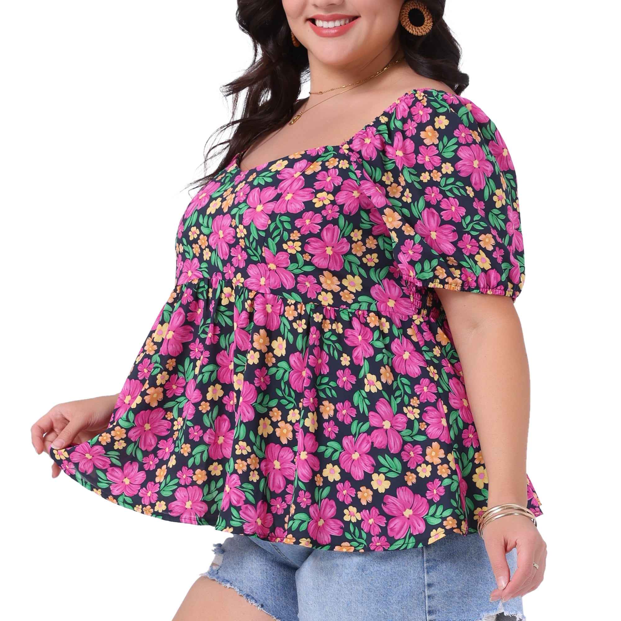 Women's Plus Sweetheart Neck Short Sleeve Floral Blouse with Ruffle Hem 1X Hot Pink