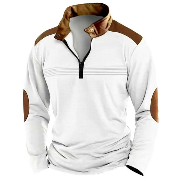 Round Neck Sweatshirts for Men White Warm Pullover Long Sleeve Casual Solid Color Jacquard Half Zipper Plus Size S Up to 65% off!