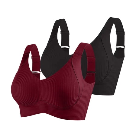SMihono 2PC Womens Wireless Bras No Underwire Push Up Bra Seamless Ribbed Cozy Full Coverage Adjustable Straps Everyday Bra Black M