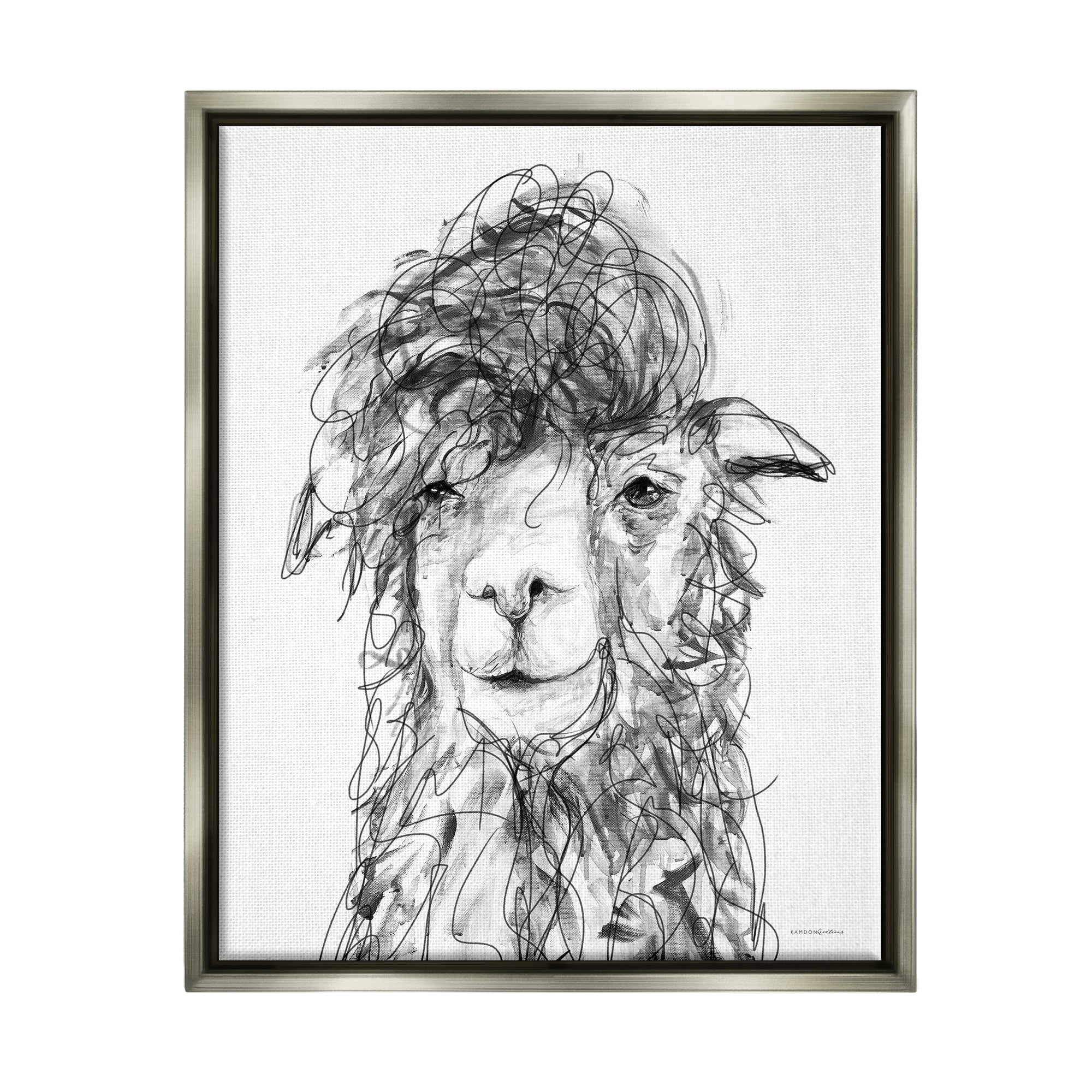 Stupell Industries Fluffy Hair Alpaca Llama Smiling Scribble Lines Drawing Print Luster Gray Floating Framed Canvas Print Wall Art, Design by Kamdon Kreations