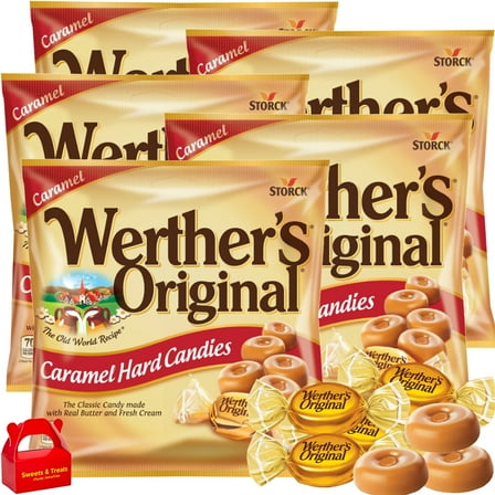 Werther's Original Caramel Hard Candy 5 Bags | Individually Wrapped Rich & Creamy Caramel Flavor | Party Favor Holiday Treat Office Snack Travel Candy Buffet – 13.25 oz Total