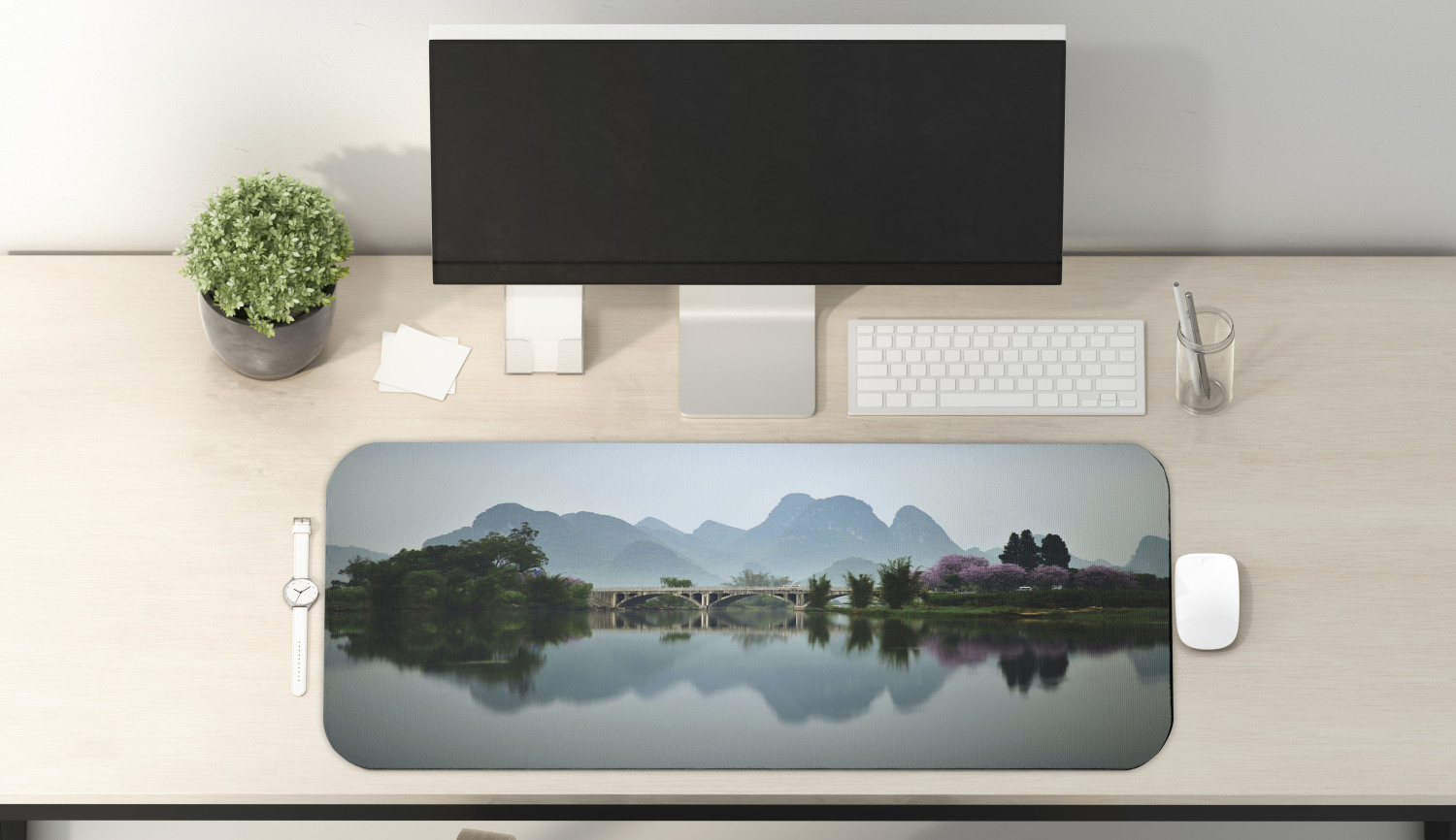 Japanese Computer Mouse Pad, Japanese National Park Bridge Reflections of the Mount on the Lake Scenery Photo, Rectangle Non-Slip Rubber Mousepad Large, 31" x 12", Multicolor, by Ambesonne - image 2 of 2