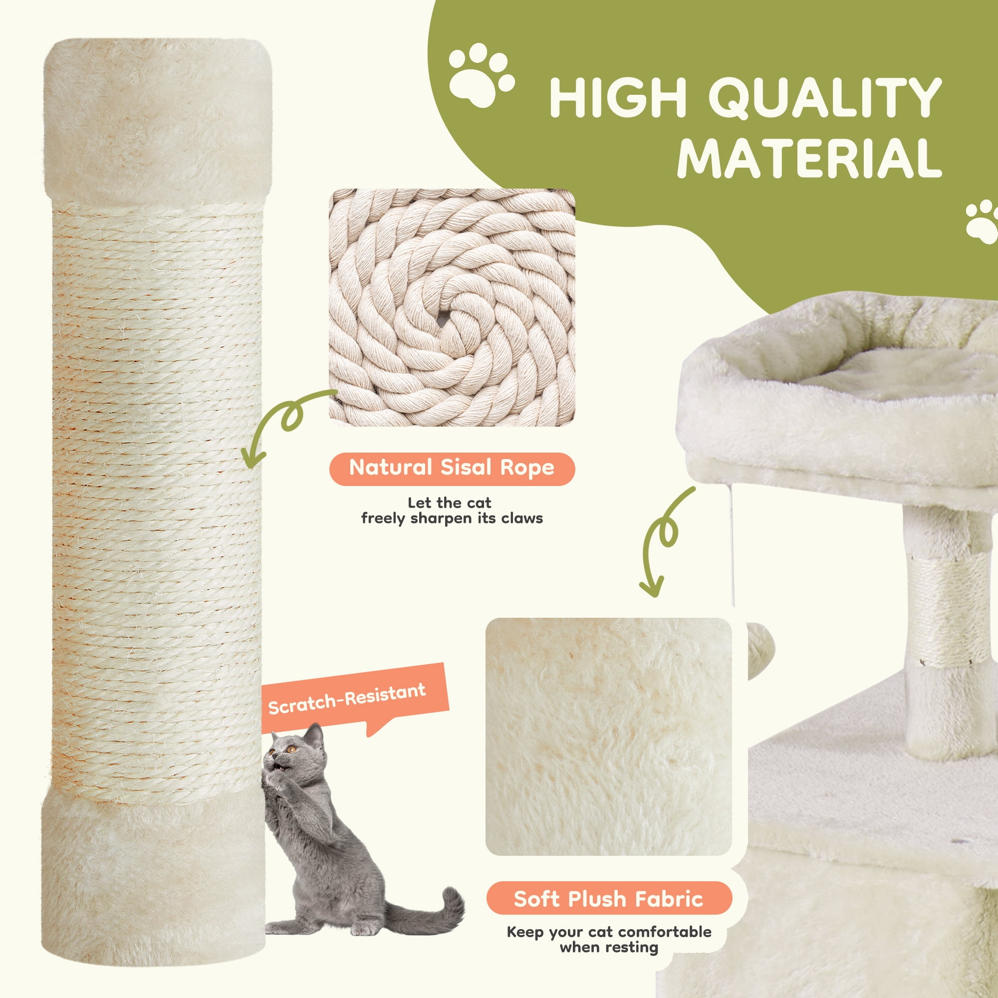JIOABL 66" Multi-Level Cat Tree Tower with Hammock, Large Condo, Climbing Plates, Plush Toy, Kitty Playing House, Beige