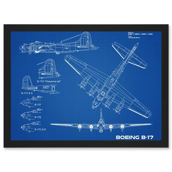 US Airforce Boeing B-17 Flying Fortress Plane Blueprint Plan Artwork Framed Wall Art Print A4