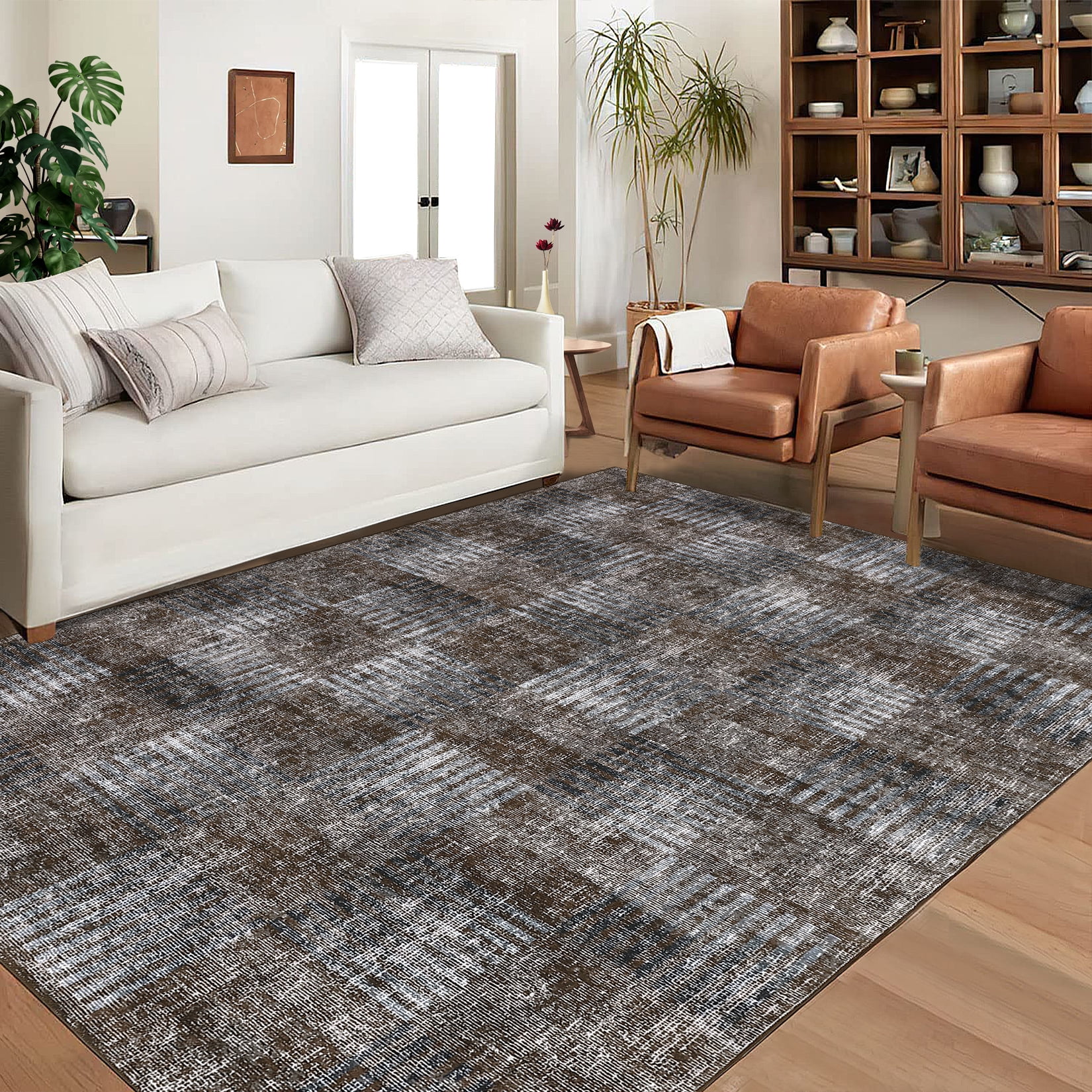 Tzou Modern Washable Area Rugs 9'x12' for Living Room, Large Soft Plaid Carpets Non-Slip, for Dining Room Bedroom