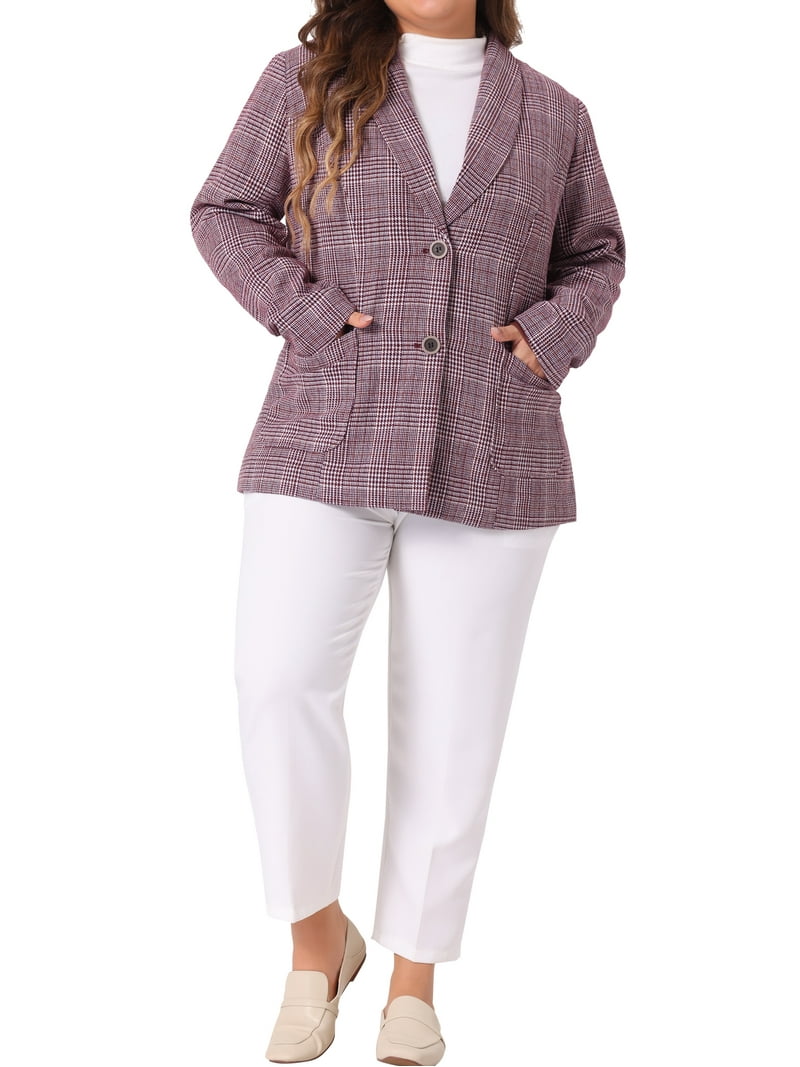 Agnes Orinda Women's Plus Size Plaid Notched Lapel Wear-to-Work