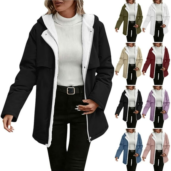 Women's Long Sleeve Hooded Jacket, Mid-Length Fleece Lined Coat with Pockets, Solid Color Casual Outerwear for Women, Soft Plush Inner Lining Winter Jacket, Comfortable Warm Zip Up Hooded Coat Black