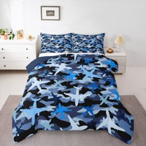 Homewish Plane Aircraft Bedding Comforter Set 2pcs for Kids Children Teens,Abstract Blue Camouflage Twin Comforter Sets Microfiber,Transportation Theme Breathable Bedding Set,Lightweight Room Decor