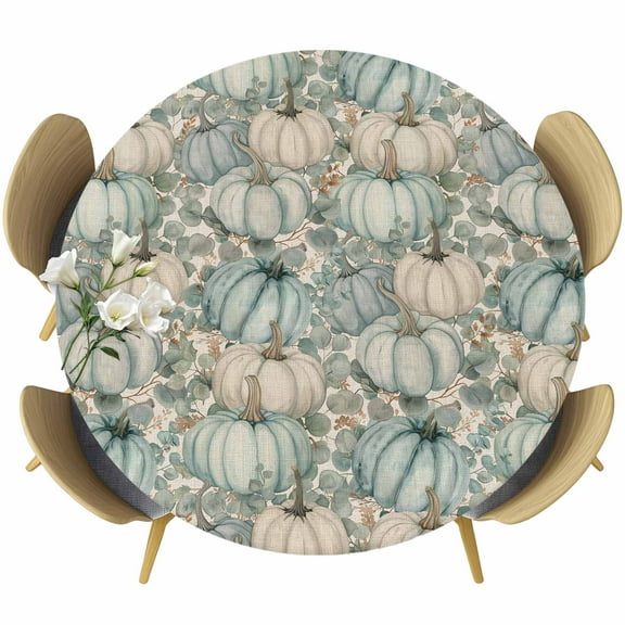 Aqua Pumpkins Fall Round Tablecloth 36-44 Inch Round Fitted Table Cloth with Elastic Edge, Thanksgiving Eucalyptus Leaves Rustic Waterproof Table Cover Protector for Outdoor Picnic Party Dining