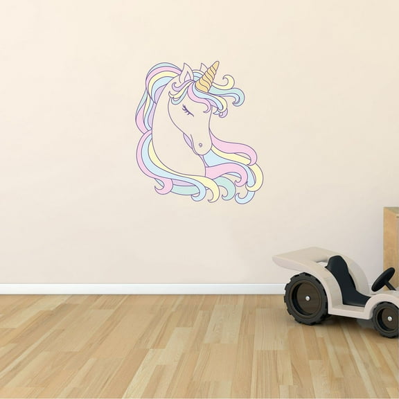 Kids Bedroom Living Room Legendary Creature Decor Design Pony Head Multi-colored Hair Vinyl Wall Decal | 20" x 22" Removable Home Art Unicorn Horse Spiraling Golden Horn Adhesive Decoration Sticker
