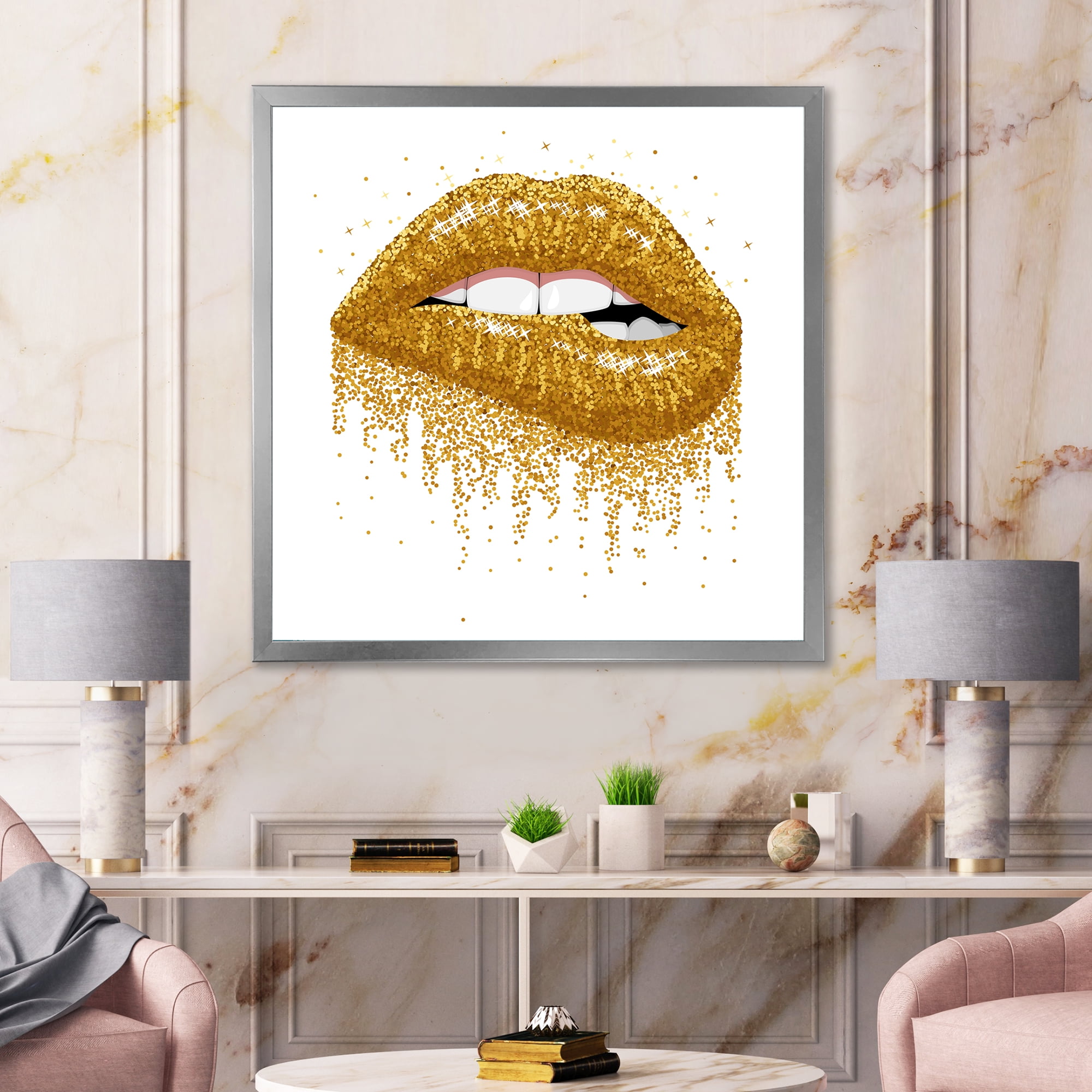 Designart 'Girl Lips With Glitter Gold Sparkles' Modern Framed Art Print