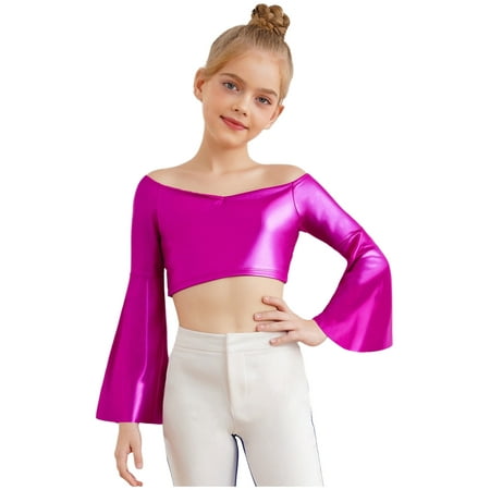 Miutii Kids Girls Disco Party Shirts Off-Shoulder Festival Rave Outfit Long Flared Sleeve Jazz Hip Hip Dance Crop Tops Hot Pink 10