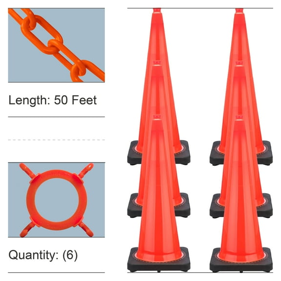 36 Inch Traffic Orange Traffic Cone and Chain Kit (6 Pk)
