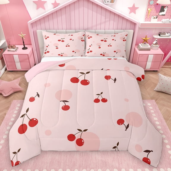 Homewish Cartoon Cherry Fruit Bedding Comforter Set for Girl, Cute Polkadots Print Twin Comforter Sets, Kawaii Pink Princess Style Reversible Bedding Set, Breathable Home Decor, 2pcs
