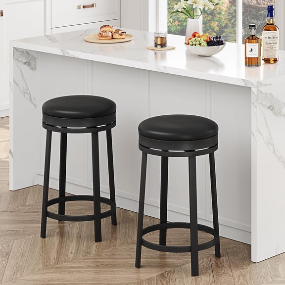 Home Bar Swivel Bar Stools Set for Kitchen Island, Round PU Leather Counter Height Stools with Backless Upholstered Seat, Footrest & Metal Frame, 360° Rotation