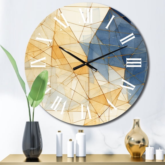 Designart "Minimalism in Blue and Gold II" Abstract Shapes Oversized Wall Clock