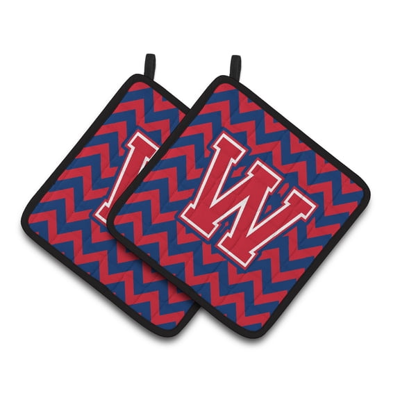 Letter W Chevron Yale Blue and Crimson Pair of Pot Holders