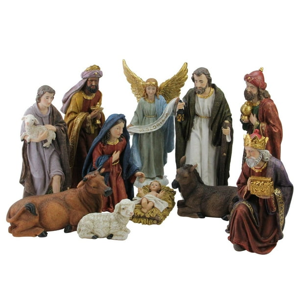 11 Piece Serene Christmas Nativity Figure Set with Gold Colored Accents ...