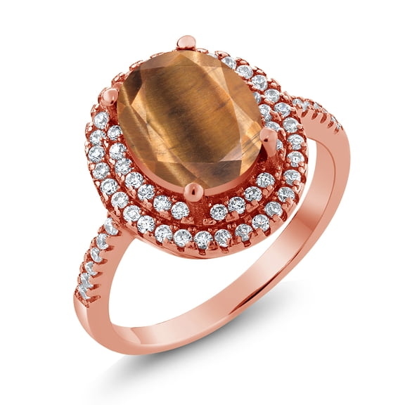 Gem Stone King 2.36 Ct Oval Brown Tiger Eye 18K Rose Gold Plated Silver Ring (Size 9)