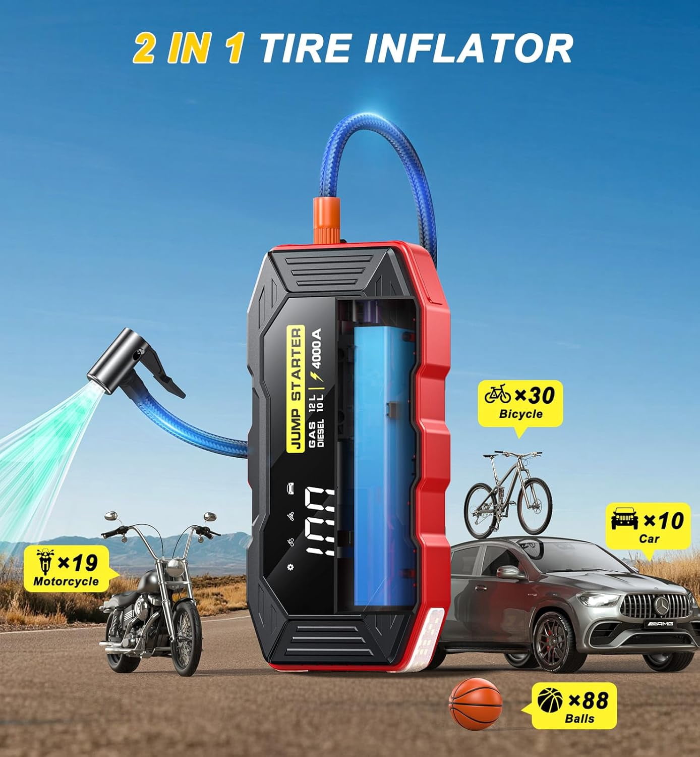 Jump Starter with Air Compressor 4000A 10000mAh 150PSI Portable Car Battery Jump Starter (All Gas/10L Diesel)