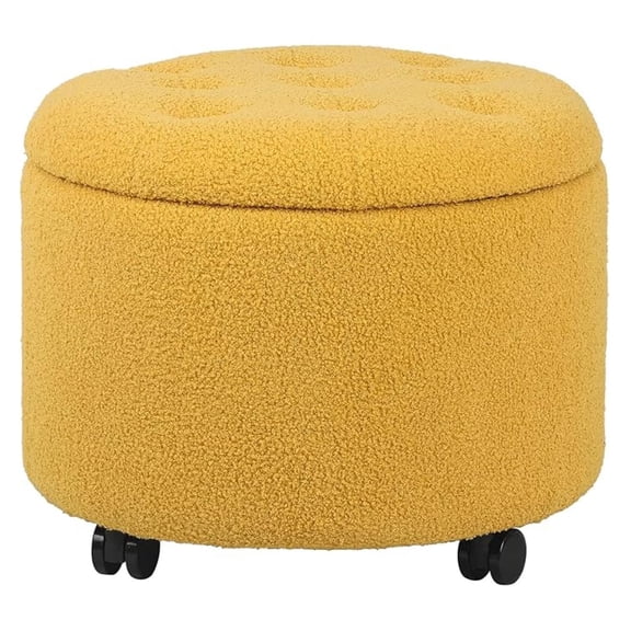 Round Storage Ottoman with Rolling Wheels, Teddy Foot Rest Stool Tufted Footstool for Living Room, Bedroom, Dorm, Yellow