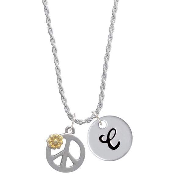 Delight Jewelry Two-tone Large Peace Sign with Daisy and Crystal Silvertone Script Initial Disc - C - Charm Necklace, 20"+3"