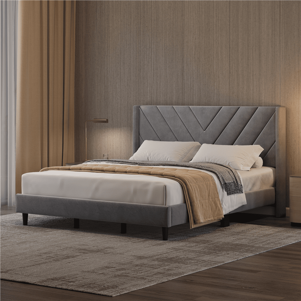 Renwick Upholstered Platform Bed Frame with Wooden Slat Support, King, Light Gray