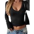 thumbnail image 2 of Long Sleeve Shirts for Women Fall Fashion V Neck Basics Crop Tops Slim Fitted Y2K Tops Outfits Clothes Black L, 2 of 8