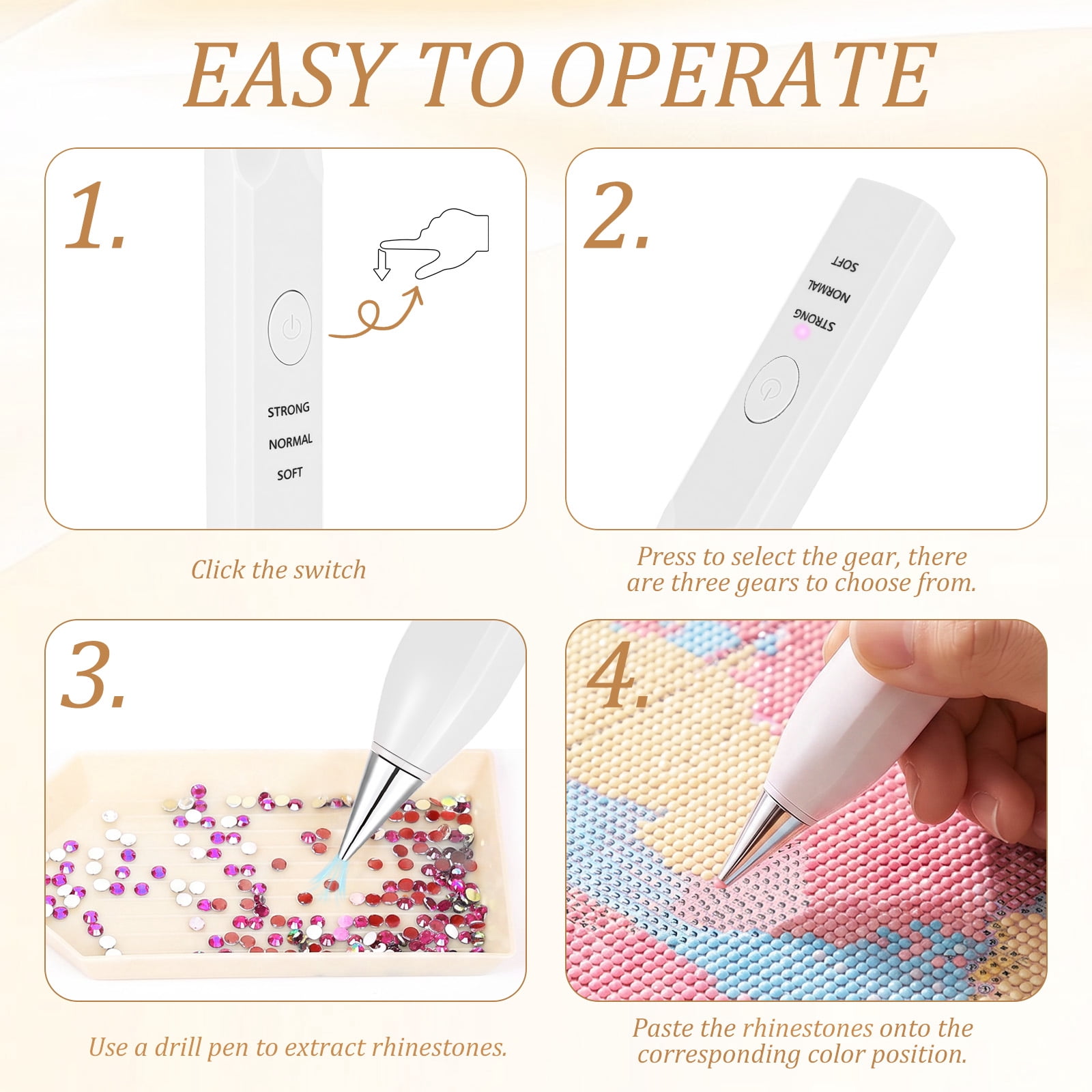 Electric Diamond Painting Pen with 4 Drill Nibs, Rechargeable Vacuum Rhinestone Art Pen Kit – Multipurpose Portable Tool for Adults DIY