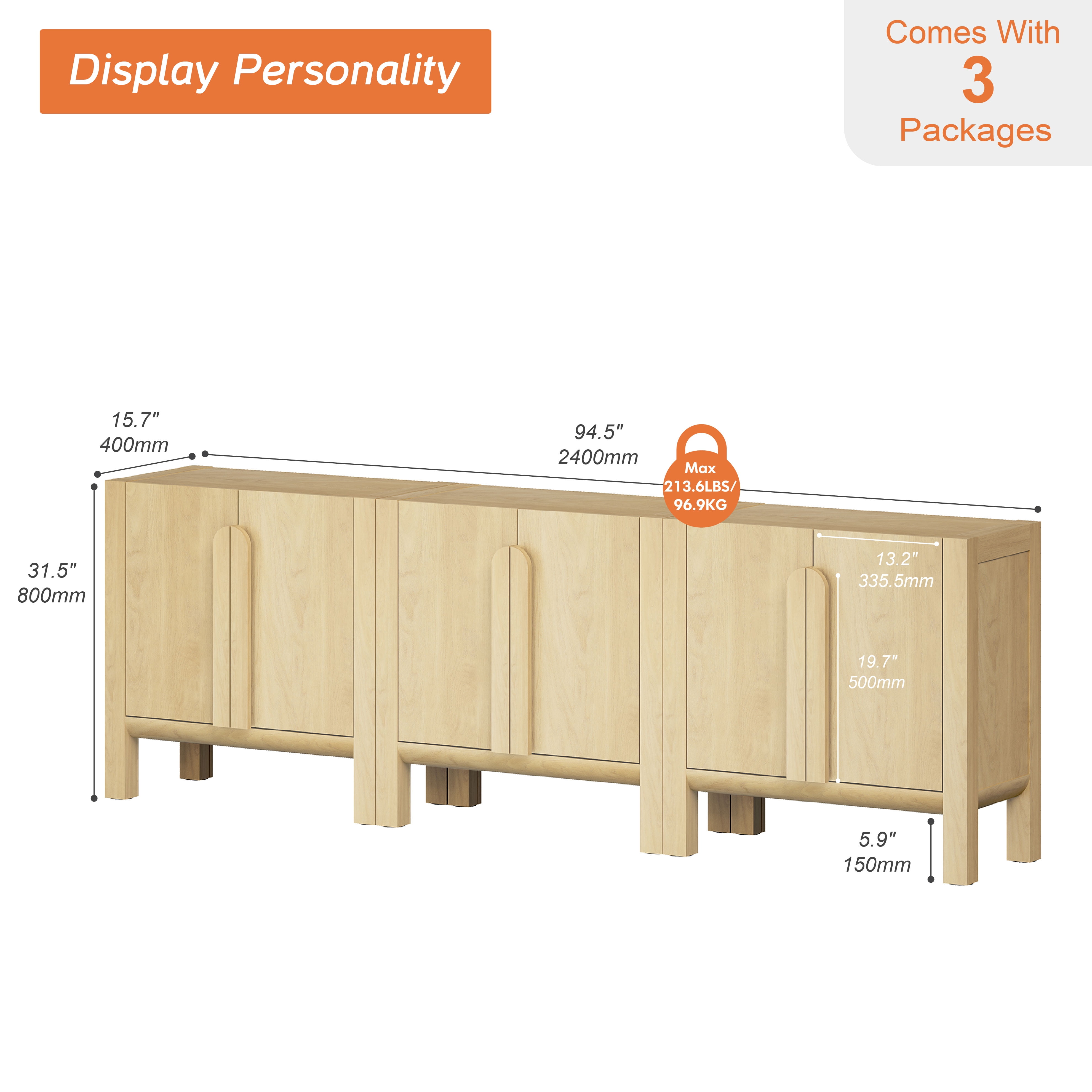 Mid-Century Modern 94.5" Sideboard Buffet Cabinet with Storage, 3-In-1 Wood Credenza with 6 Doors and Adjustable Shelves for Kitchen Living Room, Dining Room